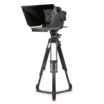 Autoscript EVO-IP15 camera prompter mounted on Tripod with Clock-Plus-IP green